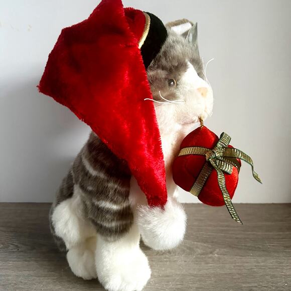 Christmas Holiday Gray Tabby Cat in Santa Hat w/ Gift Stuffed Animal w/ Tags - Picture 6 of 7